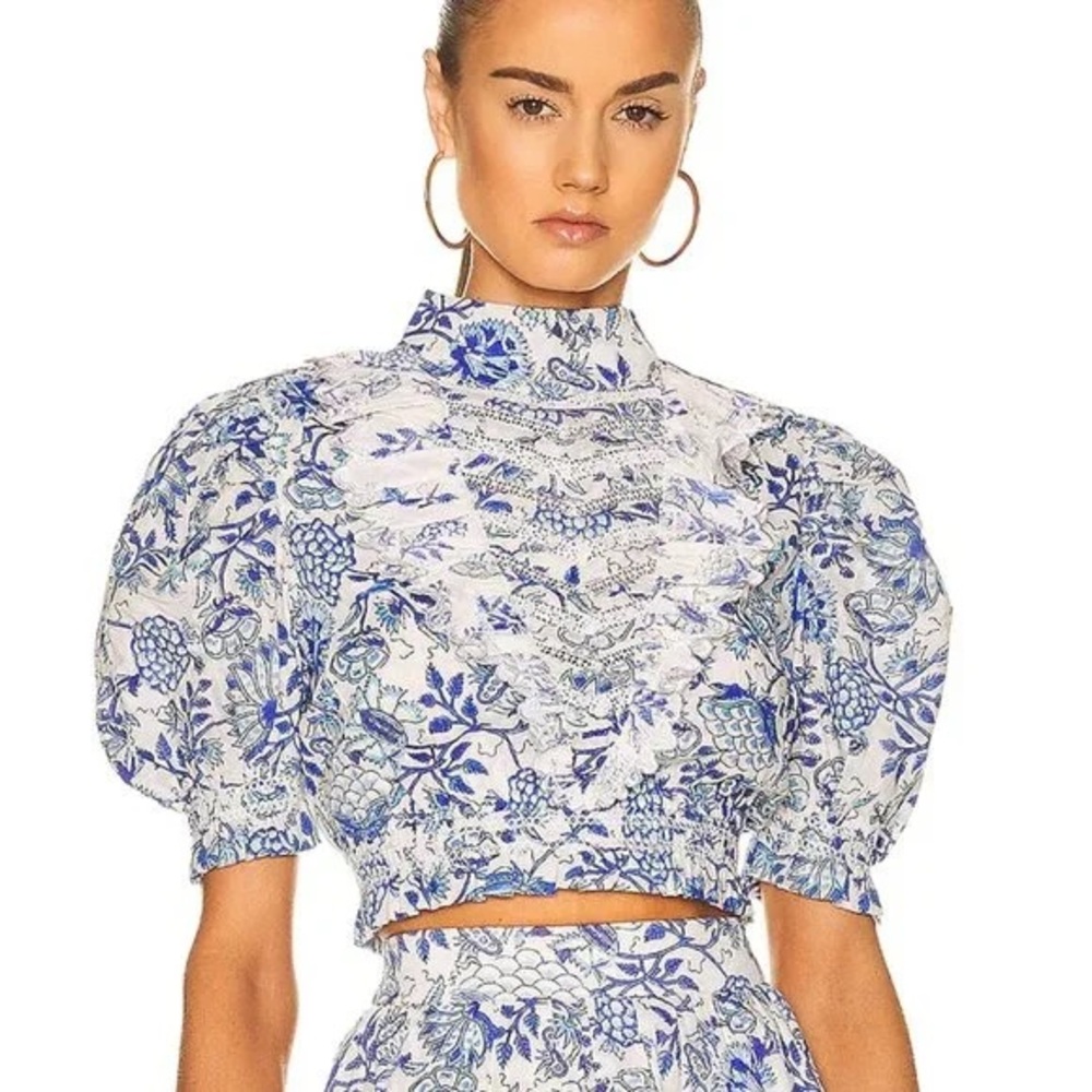 HEMANT & NANDITA Blue and White Floral Puff-Sleeve Blouse - Picture 6 of 16